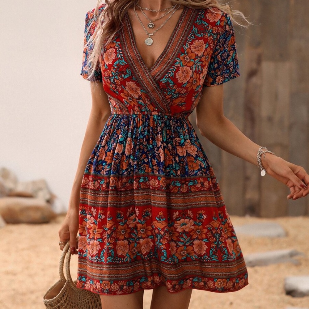 Boho Floral Print Short Sleeve Cottagecore Mini Dress - Picture 3 of 16